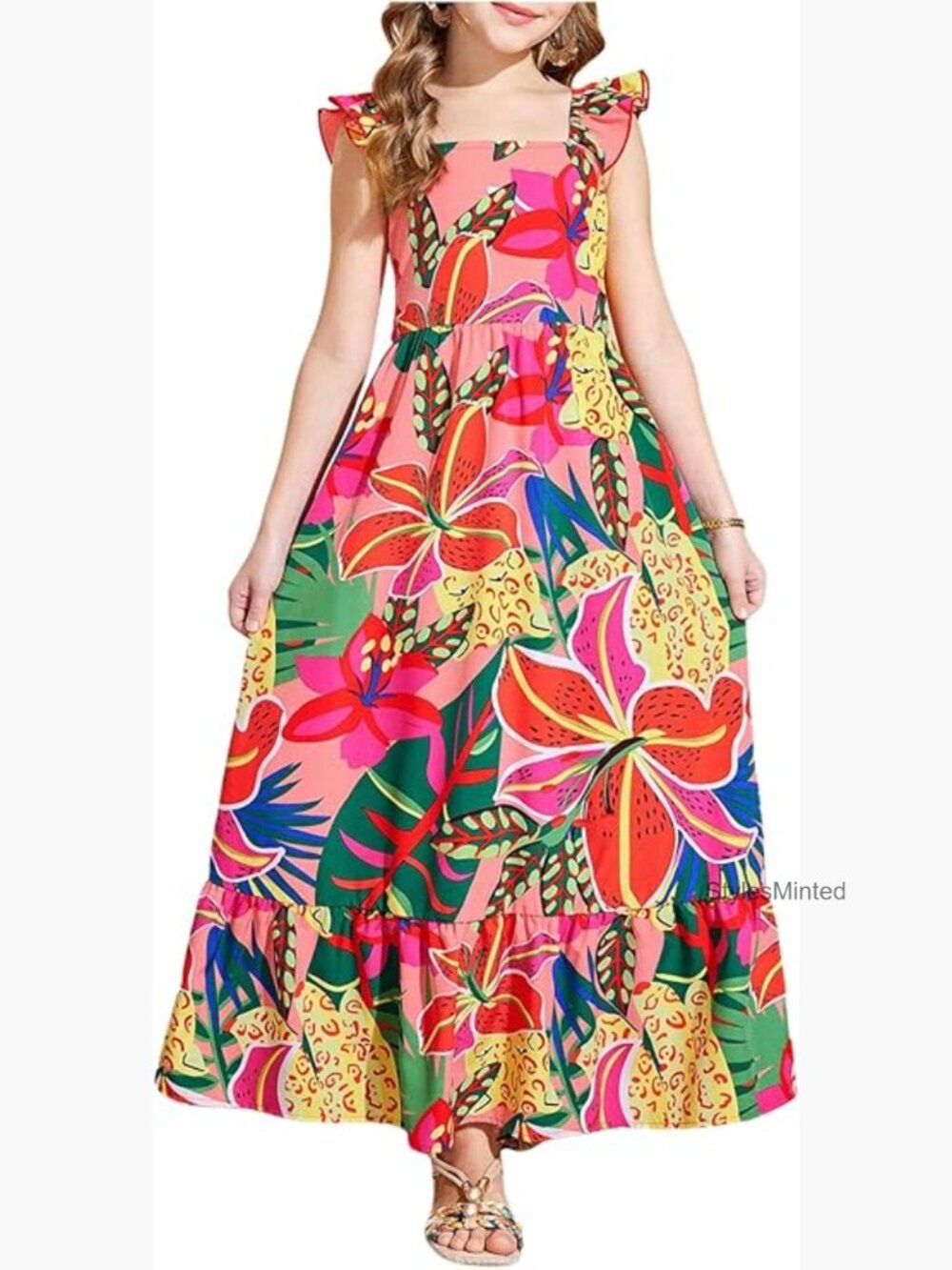 Girls Tropical Floral Ruffle Maxi Dress Summer Vacation Outfit